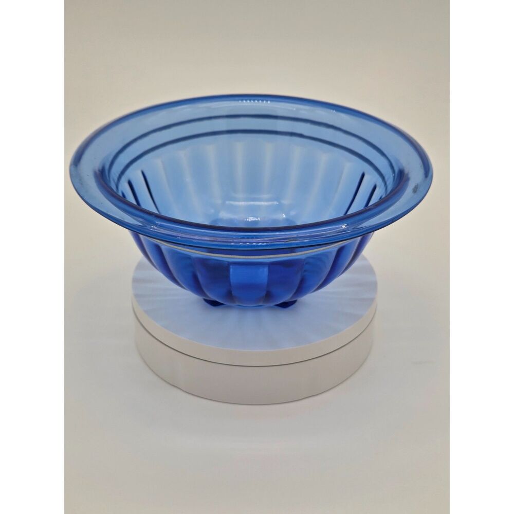 Vintage Cobalt Blue Glass Footed Serving Bowl Ribbed Ring Rim 8 Inch